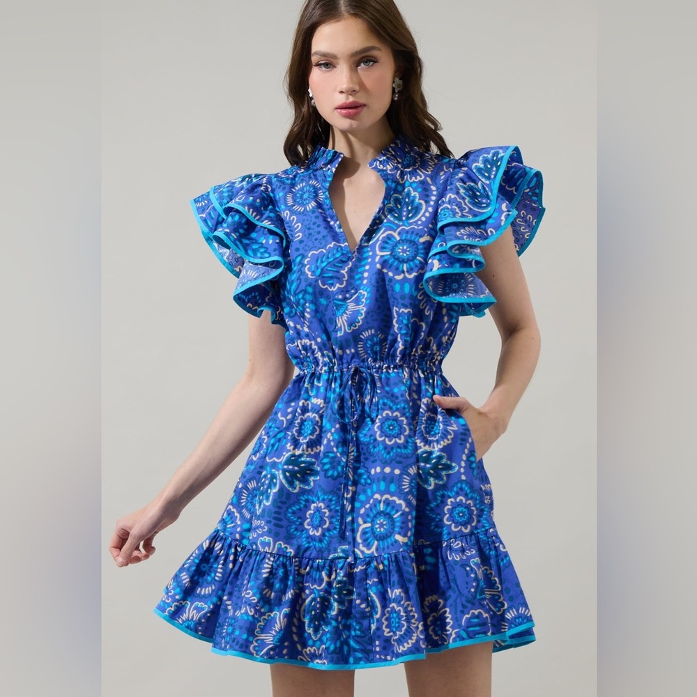 NWTSugarlips Kenner Floral Alina Ruffle Shift Mini 100%CottonDressBLUE-CREAM-MUL
